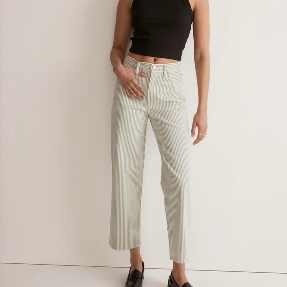 Madewell - The Perfect Vintage Wide - Leg Pale Celadon Stripe Crop Jean Size 23 - Picture 2 of 12
